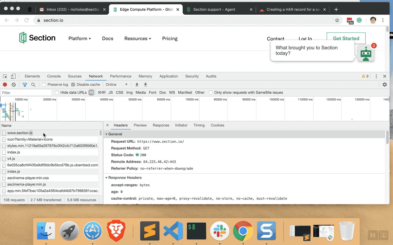 Creating a HAR record for a session – Section Support